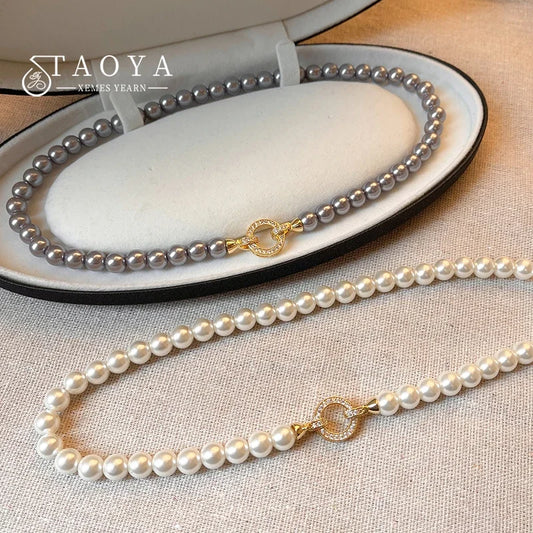 Luckacco French Elegant Micro Set Zircon Round Buckle Imitation Pearl Beaded Necklace For Women's Temperament Jewelry Sweet Accessories