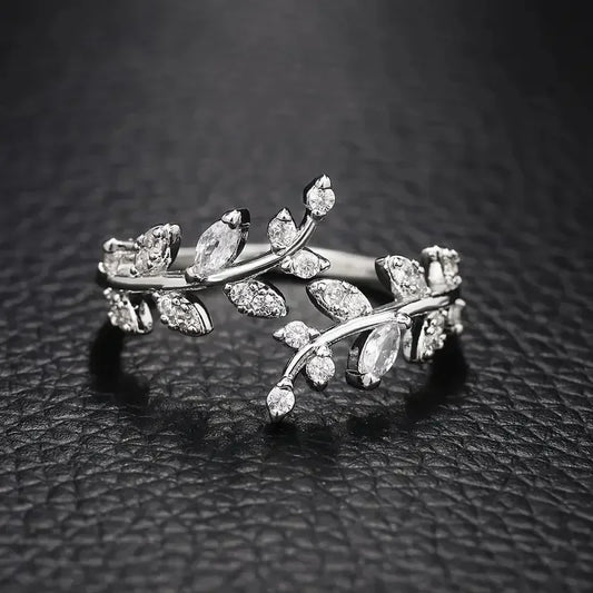 Luckacco Leaf Shape Design Adjustable Opening Rings for Women Sparkling Cubic Zirconia Olive Ring Party Daily Wear Fashion Jewelry