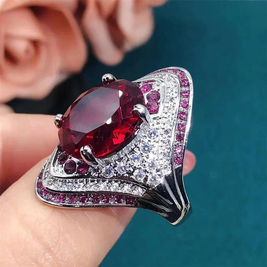 Luckacco 2025 New Red Corundum Ring for Women, European and American Style, Large Zircon, Light Luxury Fashion Party Jewelry Accessories