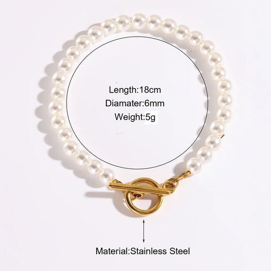 Luckacco Imitation Pearl OT Clasp Bracelet for Women Gold Color Bread Bangle Silver Color Chain New in Designer Fashion Jewelry
