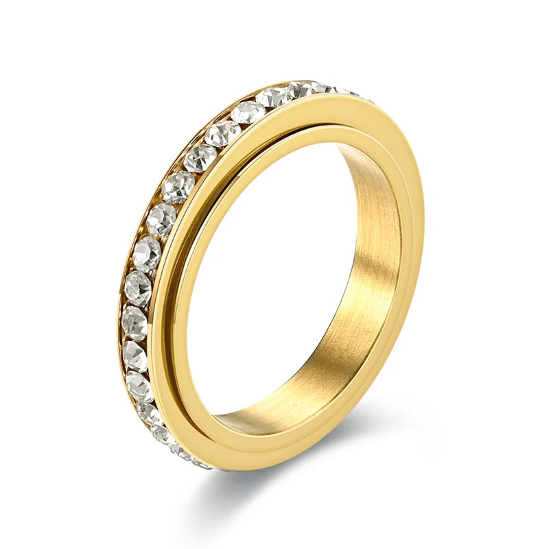 luckacco stainless steel cubic zirconia rotatable chain couple rings anti stress anxiety fidget spinner ring wedding band knuckle jewelry