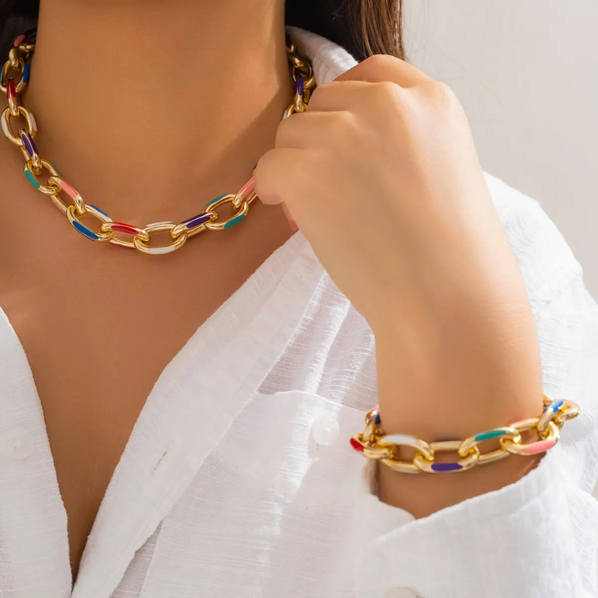 luckacco 2pcs/set colorful bohemian fashion choker necklace bracelet jewelry set classic cross chain accessories for women gift party