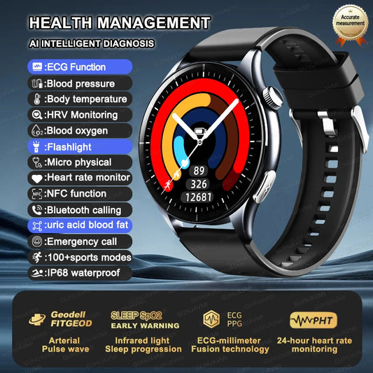 Luckacco 2025 New Health Analysis ECG+PPG Smart Watch Body Fat Uric Acid Blood Pressure Heart Rate Tracker NFC Smartwatch For Android IOS