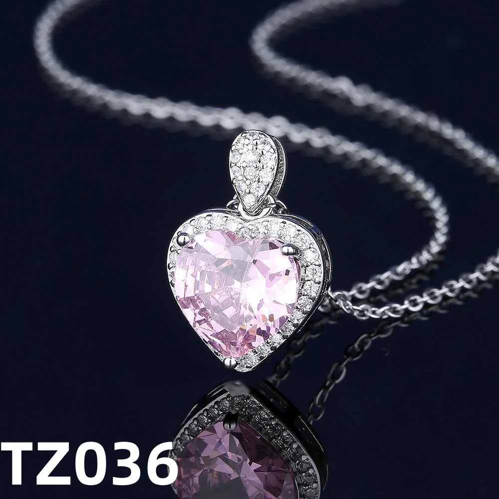 luckacco 925 sterling silver jewelry set heart shape pink crystal zircon necklace earrings ring women's elegant jewelry