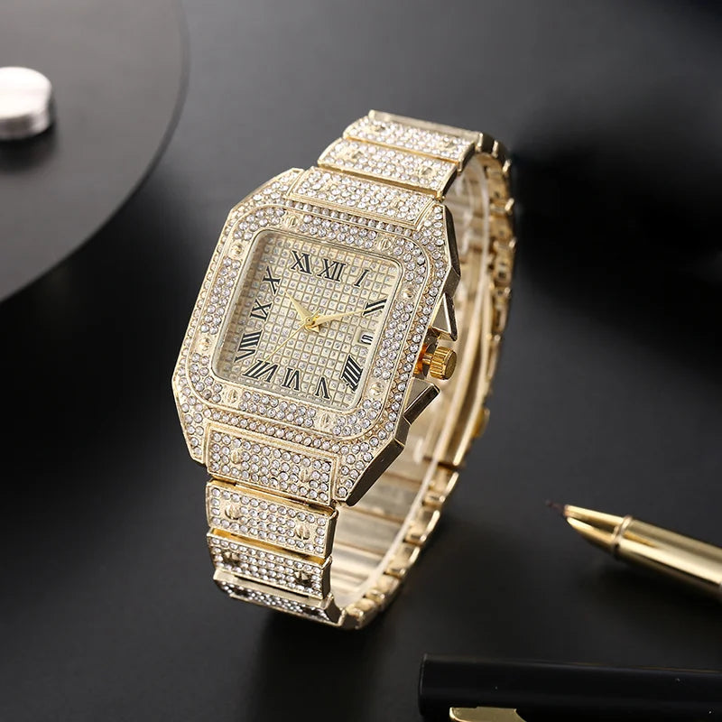 luckacco luxury classic business men's steel strap square roman scale rhinestone quartz watch fashion male wristwatch relogio masculino