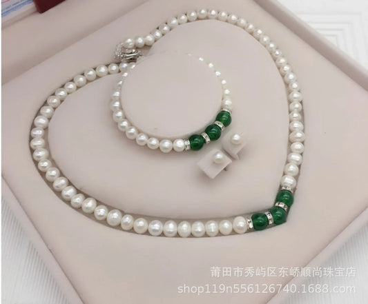 Luckacco 8-9mm Near Round White Natural Freshwater Pearl Necklace Red/Green Waterdrop Chalcedony Bracelet Earrings for Mother Jewelry Set
