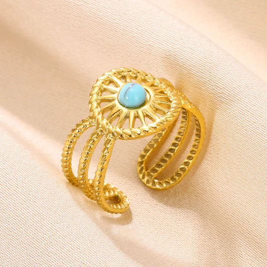 Luckacco Vintage Turquoise Wide Ring for Women Gold Color Stainless Steel Wheat Ear Adjustable Open Ring Fashion Party Jewelry Gift