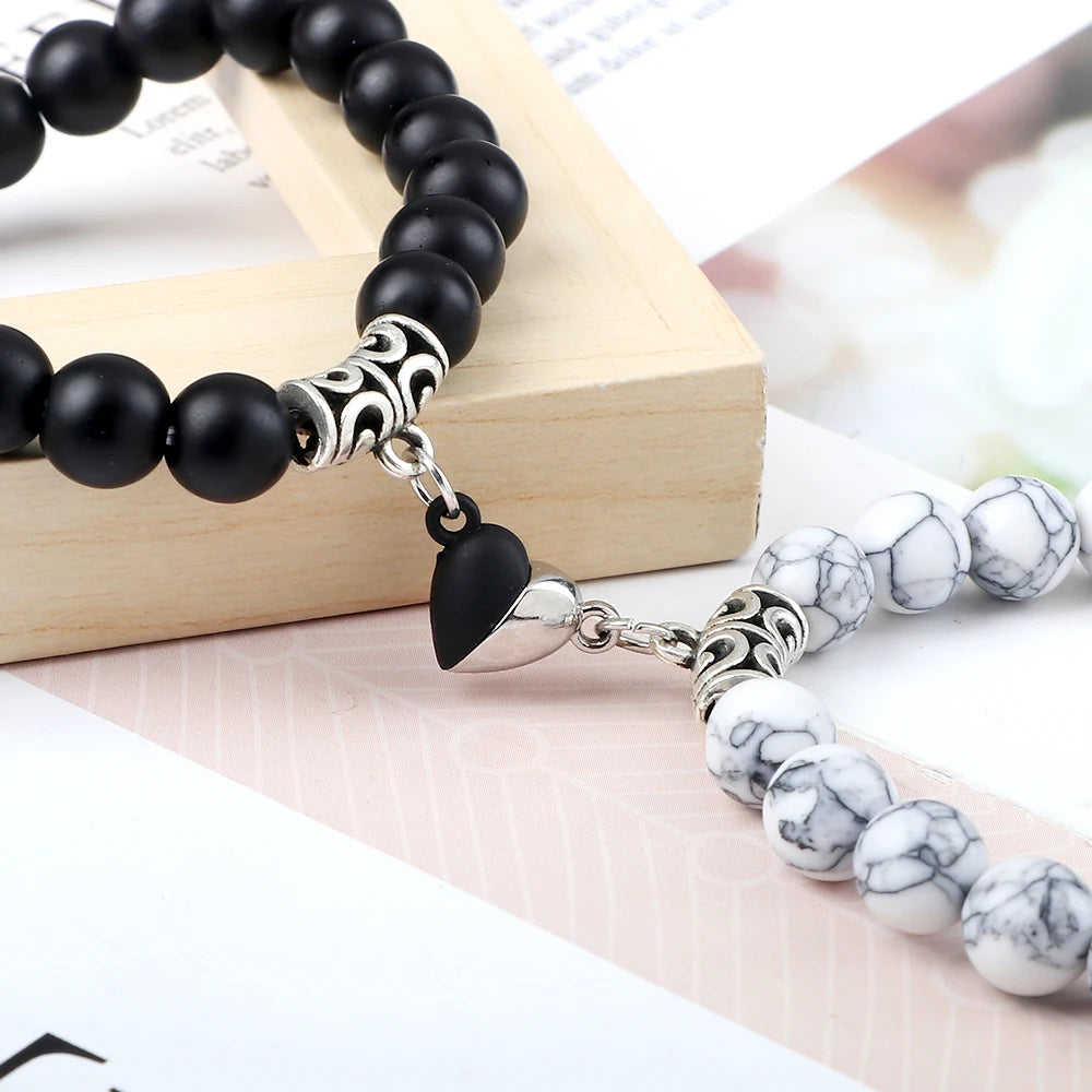 luckacco 2pcs/set sliver black color magnet pendant bracelets 6mm 8mm white porcelain black line beads couple bracelet jewelry gift new