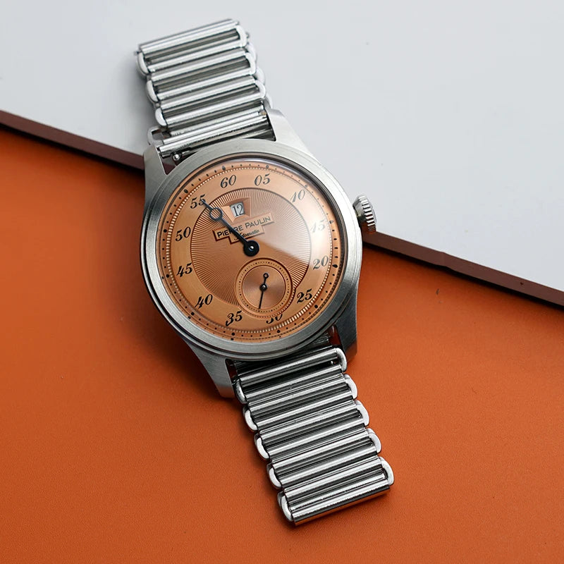 luckacco spot goods new pierre paulin jumping hour men watch salmon dial automatic st17 mechanical watch vintage bonklip bracelet