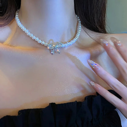 Luckacco Y2k Bowknot Pearl Necklace For Women Elegant Korean Style Rhinestone Heart Pendant Necklace Fashion Wedding Party Jewelry Gift