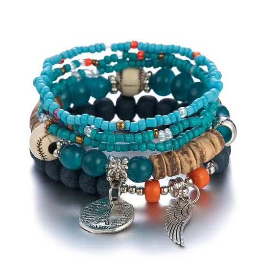 Luckacco Boho Tree Of Life Bracelet Set For Women Fashion Tassels Charm Wooden Beads Elastic Chain Bangle Girl Trendy Party Jewelry