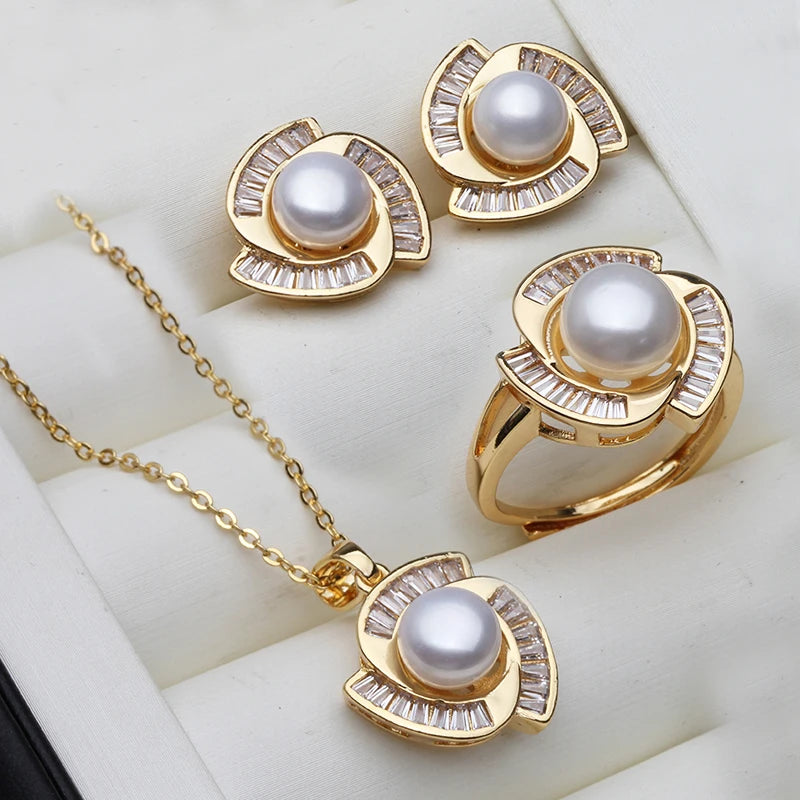 luckacco real natural freshwater pearl necklace earrings set woman,luxury pearl pearl stud earrings set jewelry wife birthday gift white