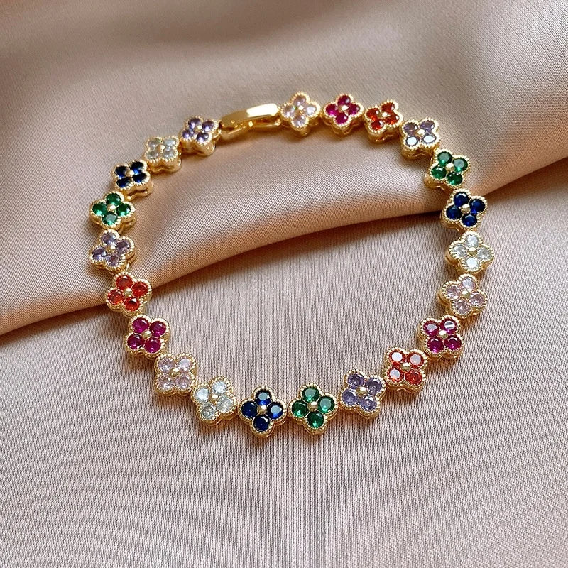 luckacco classic fashion colored crystal flower lucky bracelet women personalized new stainless steel bracelet party jewelry accessories