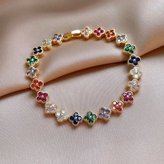 Luckacco Classic Fashion Colored Crystal Flower Lucky Bracelet Women Personalized New Stainless Steel Bracelet Party Jewelry Accessories