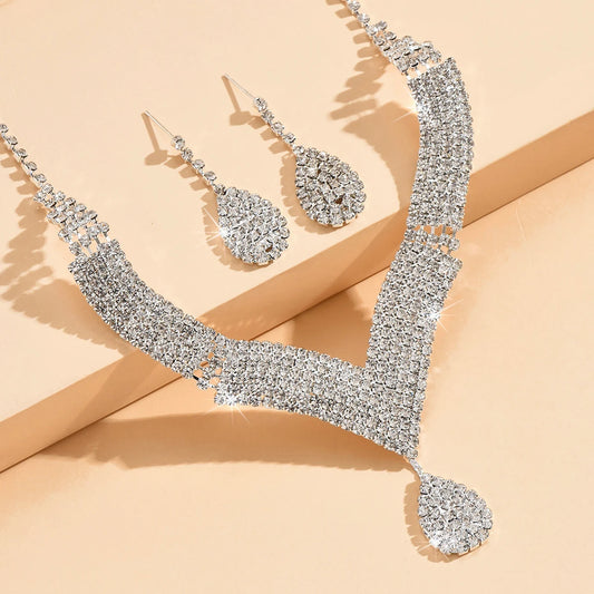 Luckacco 3pcs fashionable rhinestones, water droplets, necklaces, earrings, jewelry sets, women's wedding accessories