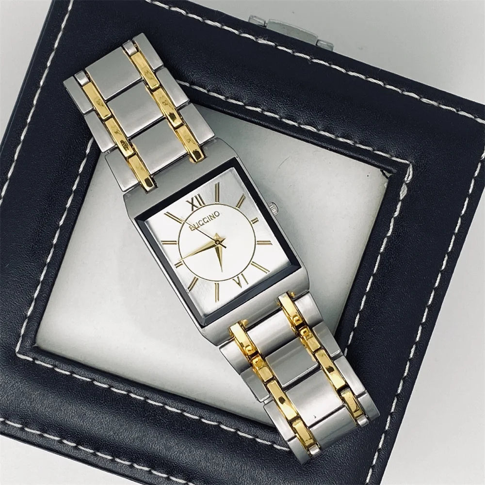 luckacco newest men watches fashion elegant rectangle dial steel clock quartz watch men's silver gold plated wristwatch masculino relogio