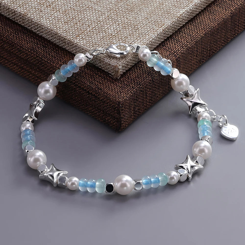 luckacco ventfille 925 sterling silver 6mm shell pearl glass bead star bracelet for women gift crushed silver jewelry