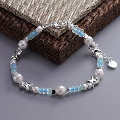 Luckacco VENTFILLE 925 Sterling Silver 6mm Shell Pearl Glass Bead Star Bracelet For Women Gift Crushed Silver Jewelry
