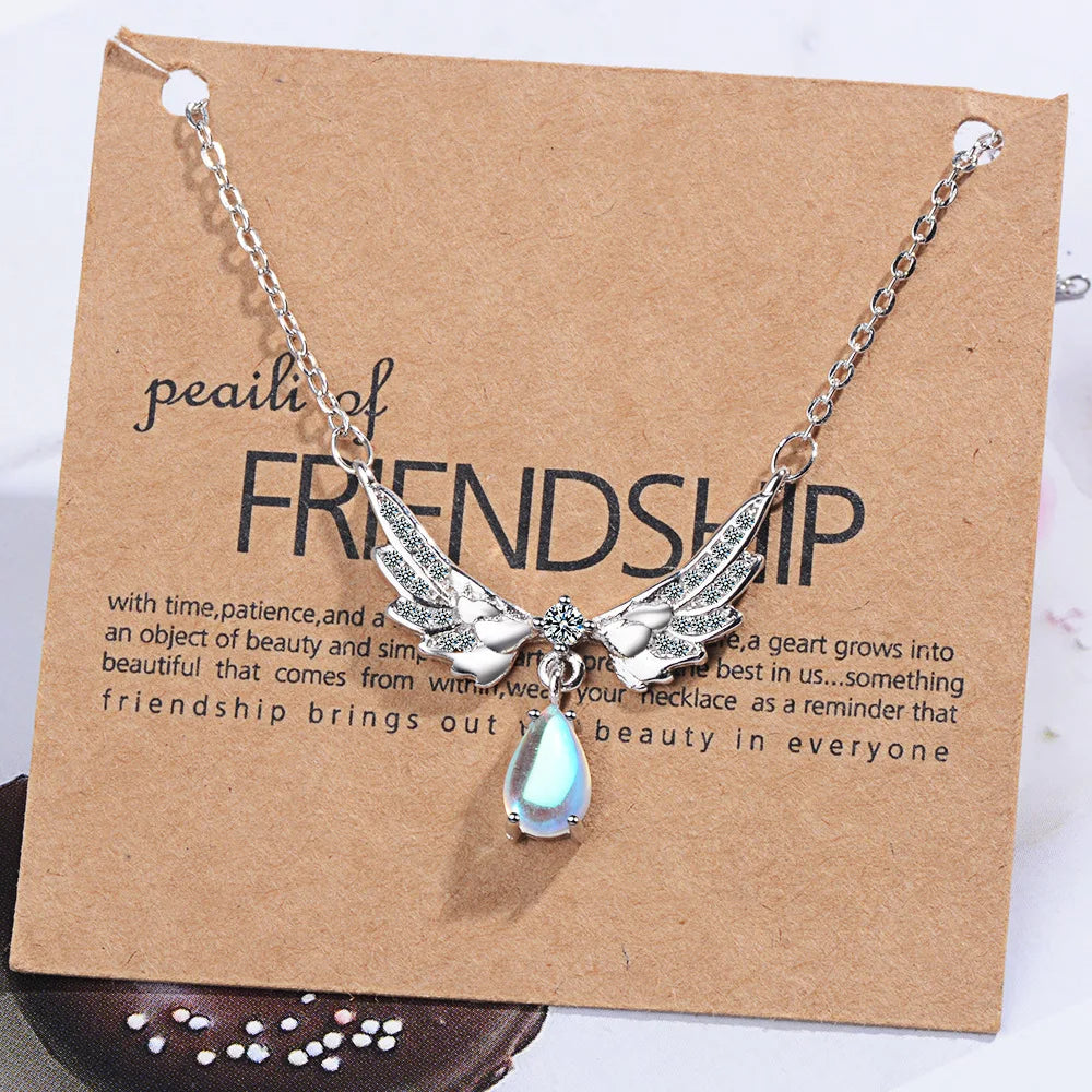 luckacco 925 sterling silver jewelry wing water drop crystal chain necklaces with pendant for women elegant accessories