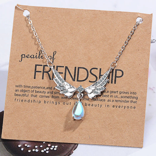 Luckacco 925 Sterling Silver Jewelry Wing Water Drop Crystal Chain Necklaces With Pendant For Women Elegant Accessories