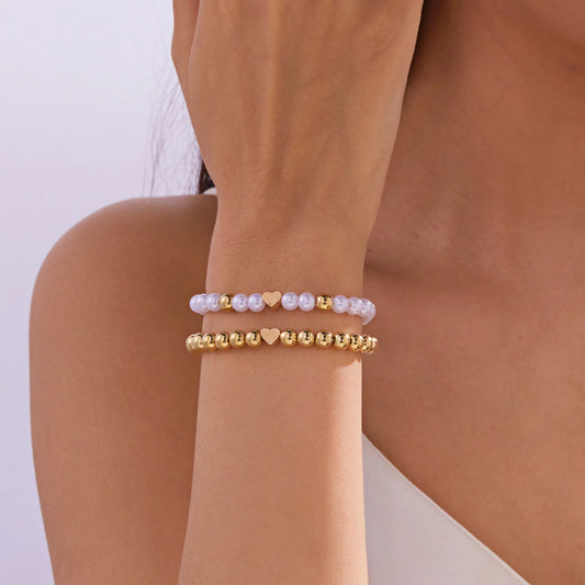 Luckacco Boho Imitation Pearl Beaded Metal Beads Bracelet for Women Vintage Handmade Woven Adjustable Chain Bowknot Heart Jewelry Gifts
