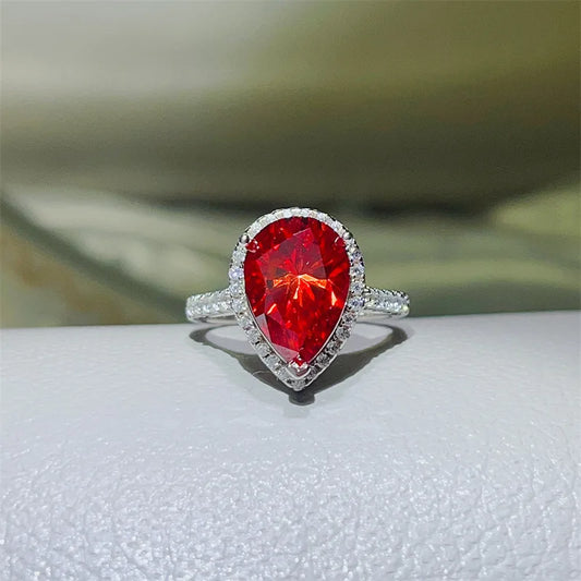 Luckacco Luxury Pear Cut 5Ct Red Moissanite Diamond Ring 925 Sterling Silver Party Wedding Band Rings for Women Bridal Engagement Jewelry