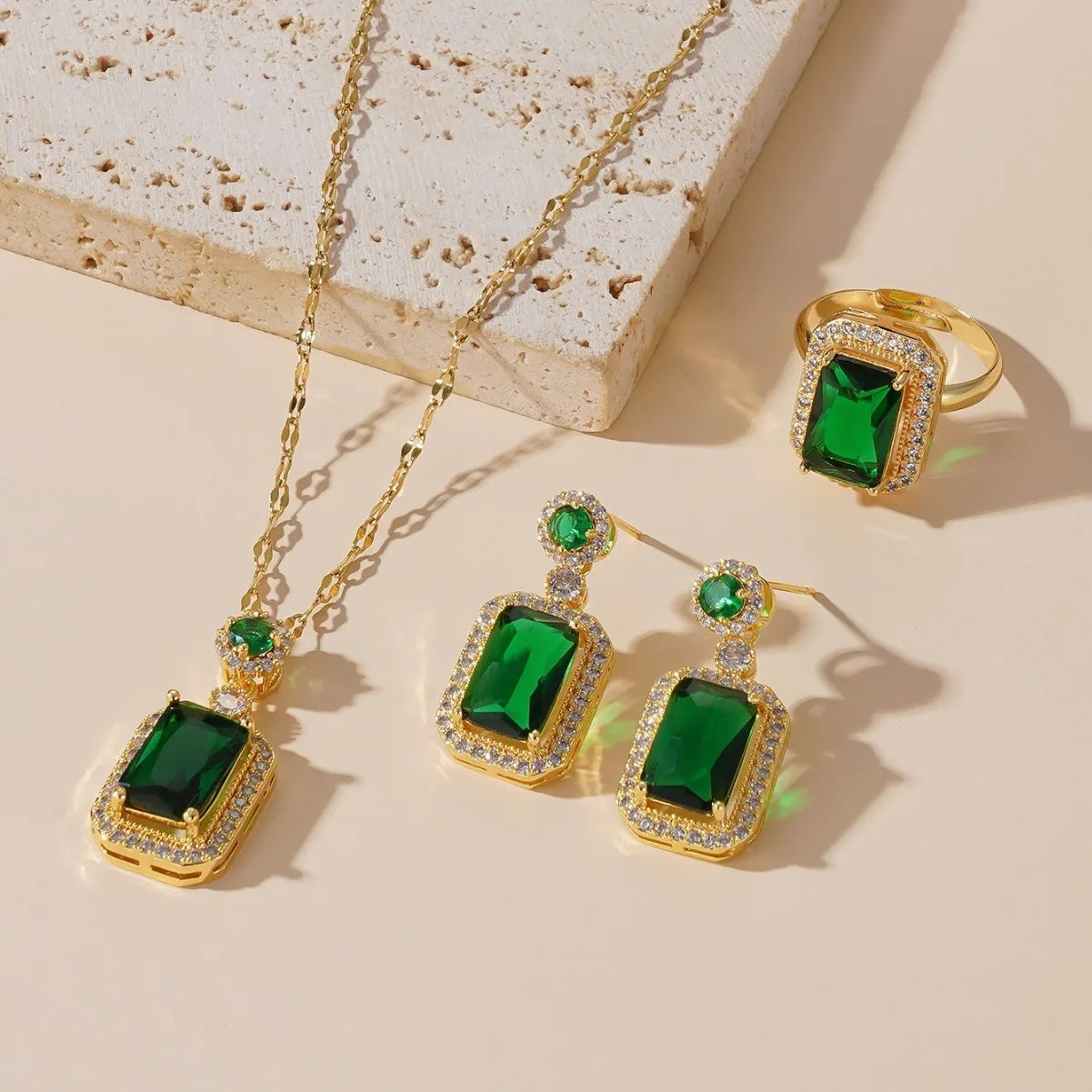luckacco vintage emerald sets unique design light luxury temperament earrings  pendant necklace rings three-piece sets trend jewerly set