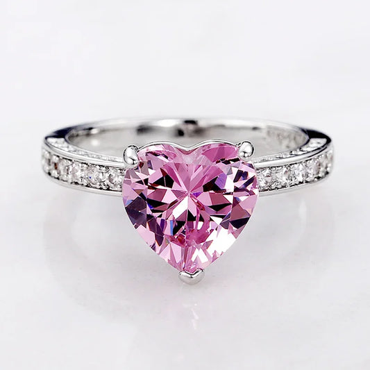 Luckacco Romantic Pink Heart shaped Ring for Female Cubic Zirconia Bridal Wedding Party  with Minimalist Fashion Jewelry Accessories