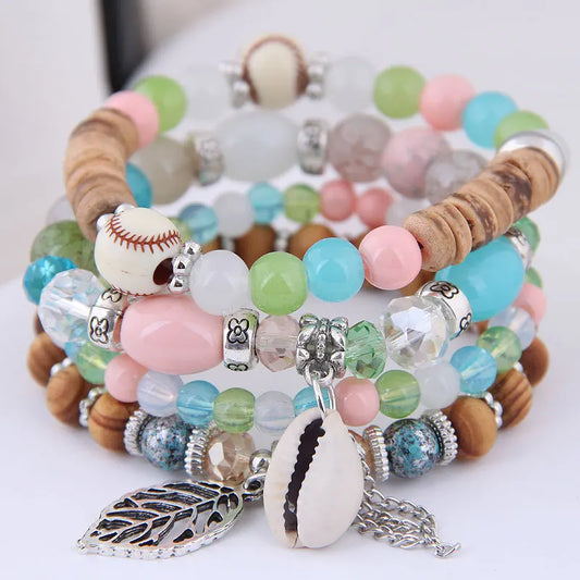 Luckacco DIEZI Korean Ethnic Bohemian Crystal Beads Leaves Charm Bracelets For Women Girls Elastic Rope Wrap Bracelet Pulseira Feminina
