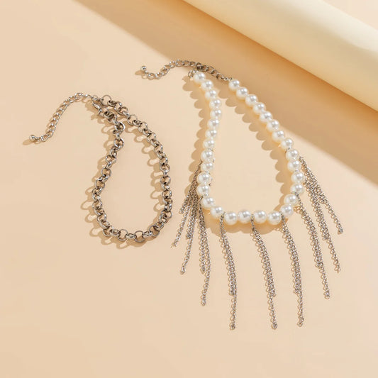 Luckacco Vintage Tassel Pendant Clavicle Necklace Women 2023 Multi layered Simple and Sweet Imitation Pearl Beaded Girl Fashion Jewelry