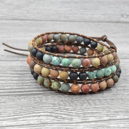 Luckacco Milangirl Bohemia Jewelry Bracelets 6MM Matte Stone Wrap Leather Bracelets Vintage 3 Strands Multilayer Woven