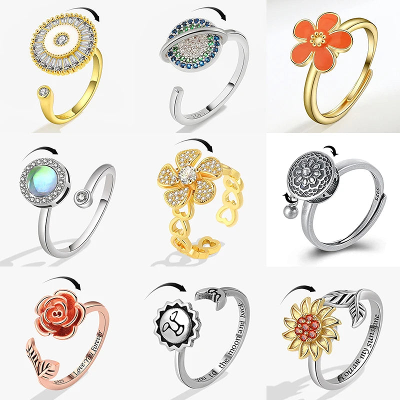 luckacco ethnic mandala flower finger rings for women girls rotating rose sun planet anxiety knuckle ring anti stress jewelry