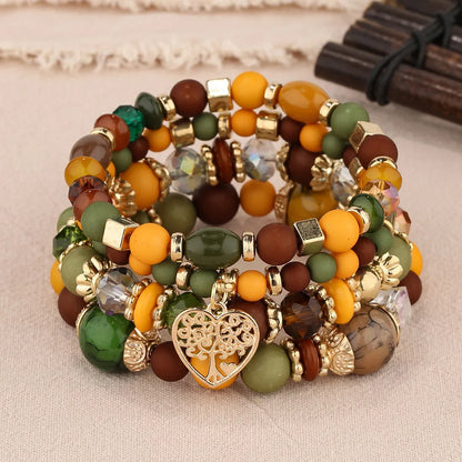 Luckacco New Acrylic Beads Chain Bracelet Set For Women Tree Of Life Charm Elastic Bangle Female Bohemian Jewelry Accessories