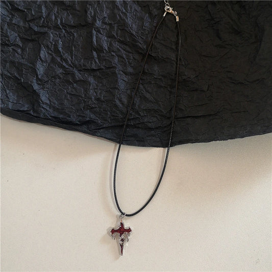 Luckacco Gothic Vintage Y2K Red Glass Heart Star Cross Pendant Pearl Bead Necklace For Women Men Aesthetic 90s Grunge Accessories Jewelry