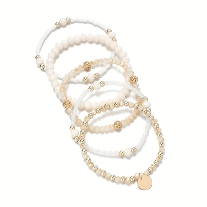 Luckacco 5pcs/set Personalized Creative Beaded Round Piece Pendant Bracelet Women's Multi-layer Stacking Jewelry Accessories Gifts