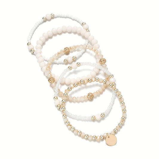 Luckacco 5pcs/set Personalized Creative Beaded Round Piece Pendant Bracelet Women's Multi-layer Stacking Jewelry Accessories Gifts