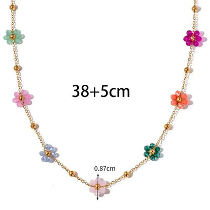 Luckacco Colorful Flower Chain Stainless Steel Necklace Bracelet Set Plating Waterproof Jewelry For Ins Exquisite Jewelry