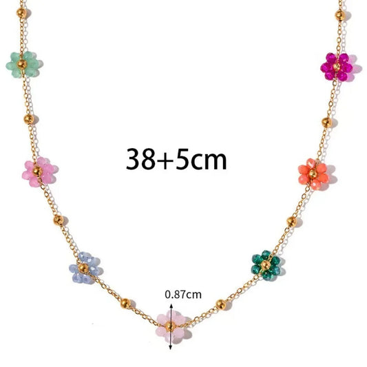 Luckacco Colorful Flower Chain Stainless Steel Necklace Bracelet Set Plating Waterproof Jewelry For Ins Exquisite Jewelry