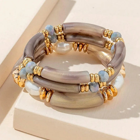 Luckacco 3PCS Set Vintage Design Resin Elastic Bracelet Blue Bamboo Gold Color Spacer Pearl Bracelet Pink Green Coffee Color Option