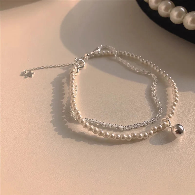 luckacco new 925 sterling silver bracelet pearls knots bracelet for women fashion heart pearls bracelet  luxury jewelry accessories gift