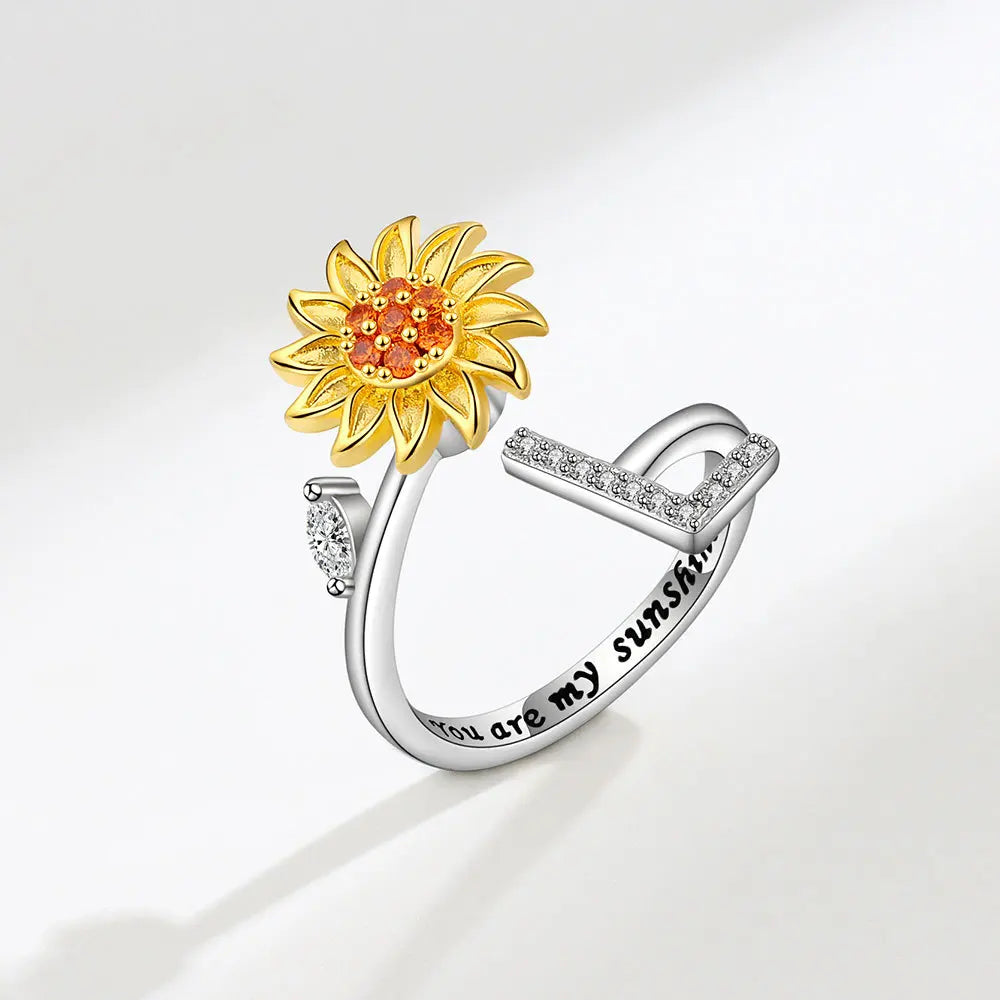 luckacco rotating sunflower initial letter rings for women anti anxiety spinner you are my sunshine stainless steel ring birthday jewelry