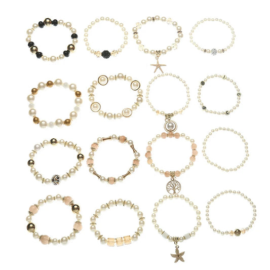 Luckacco Imitation Pearl Stretch Bead Bracelets Set For Women Metal Adjustable Elastic Charms Vintage Strand Girls' Fashion Jewelry C1306