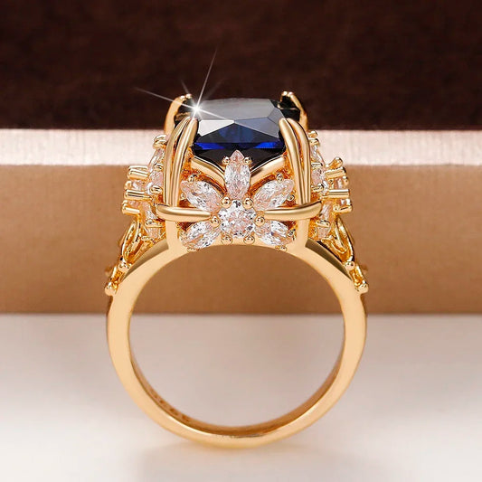 Luckacco daily picks Gorgeous Dark Blue CZ Female Ring Dazzling Flower Design Aesthetic Women Accessories Anniversary Party New 2025 Jewelry