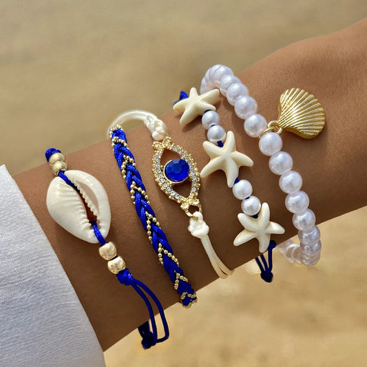 Luckacco 5Pcs Bohemia Shell Starfish Bracelet Set For Women Imitation Pearl Evil Eye Multilayer Beaded Bangles Sand Beach Party Jewelry