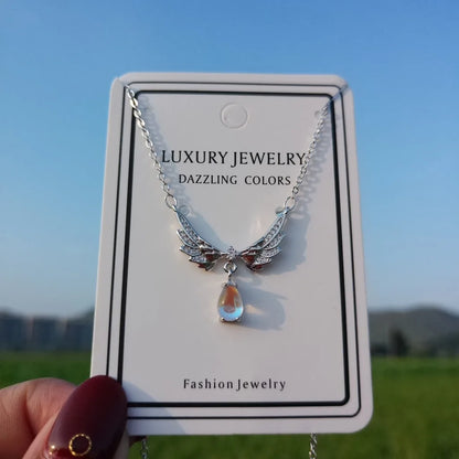 Luckacco 925 Sterling Silver Jewelry Wing Water Drop Crystal Chain Necklaces With Pendant For Women Elegant Accessories