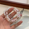 Luckacco Cute Pink Beaded Imitation Pearl Bracelet For Women Girl Elegant Y2k Sweet Korean Charm Bowknot Bow Jewelry Party Gifts