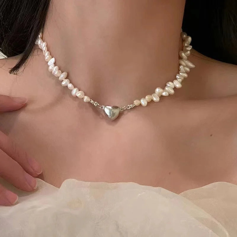 luckacco korean fashion pearl chain choker necklace for women girls 2022 trend jewelry heart pendant necklace bridal engagement