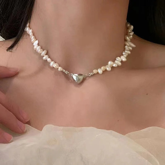 Luckacco Korean Fashion Pearl Chain Choker Necklace for Women Girls 2022 Trend Jewelry Heart Pendant Necklace Bridal Engagement