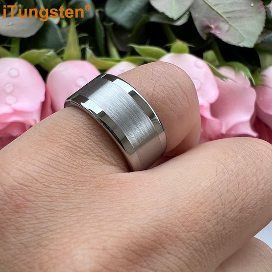 Luckacco iTungsten 10mm 12mm Big Finger Ring Mens Tungsten Flat Engagement Wedding Band With Center Brushed Polished Finish Comfort Fit
