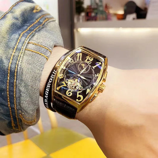 Luckacco Luxury Automatic Mechanical Watch for Men Sports Watches Tourbillon Skeleton Military Male Clock Cool Tonneau Man Wristwatch
